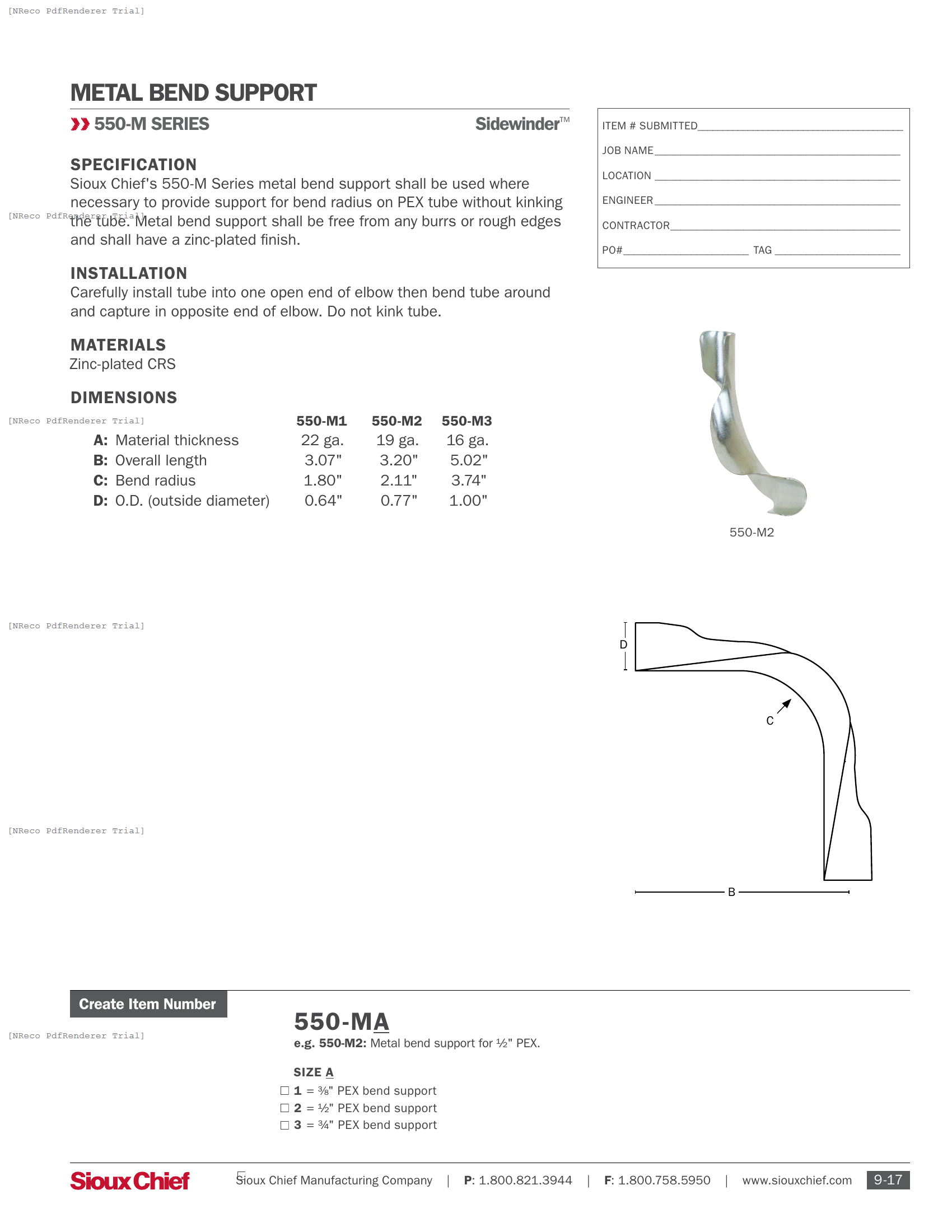 550-M SERIES - METAL BEND SUPPORT - SPEC SHEET.PDF Specification Document